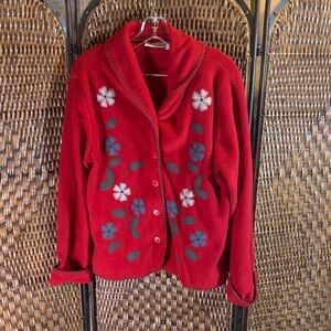 Vintage Basic Editions Red Fleece Embroidered Appliqué Cardigan Size L